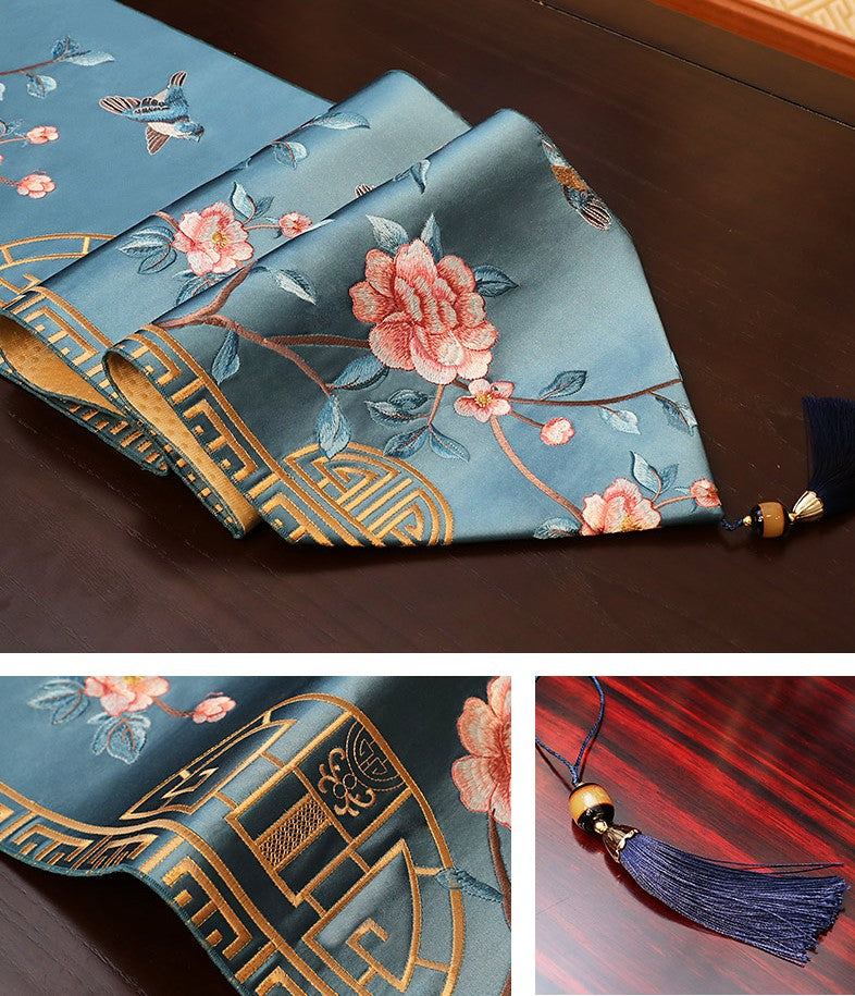 Bird & Floral Embroidery Brocade Oriental Table Runner Table Cloth
