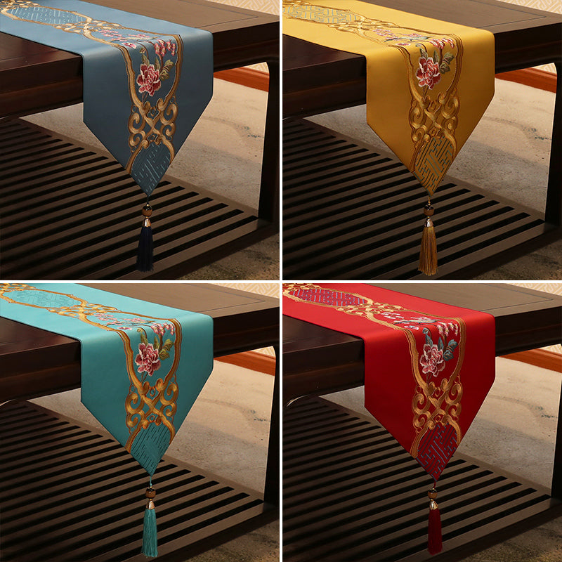 Bird & Floral Embroidery Brocade Oriental Table Runner Table Cloth