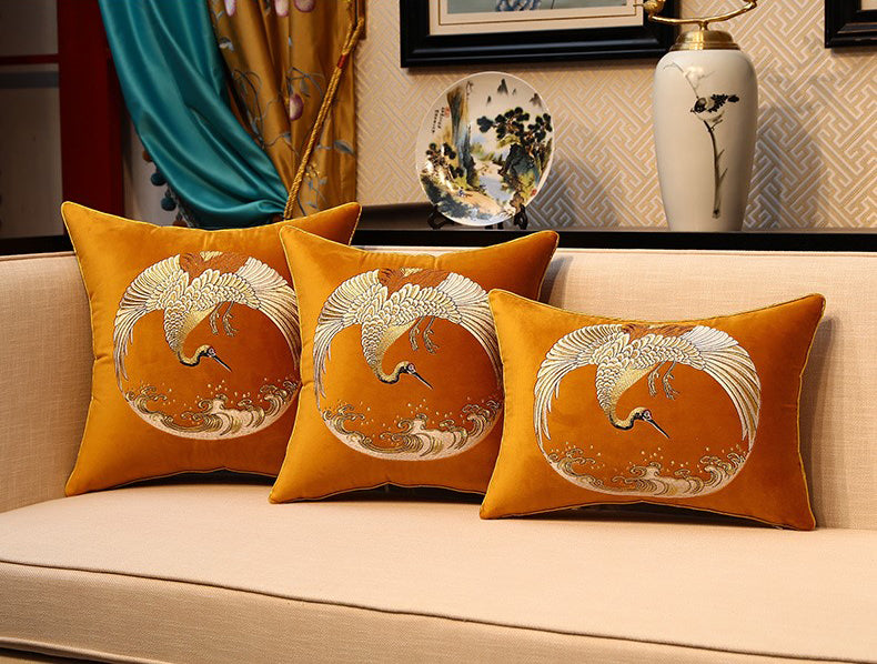Crane Embroidery Velvet Traditional Chinese Cushion Covers