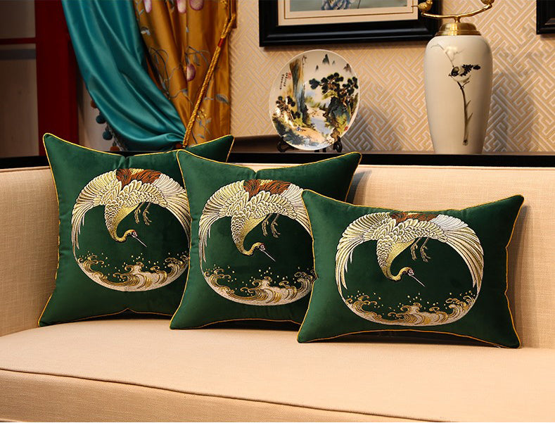 Crane Embroidery Velvet Traditional Chinese Cushion Covers
