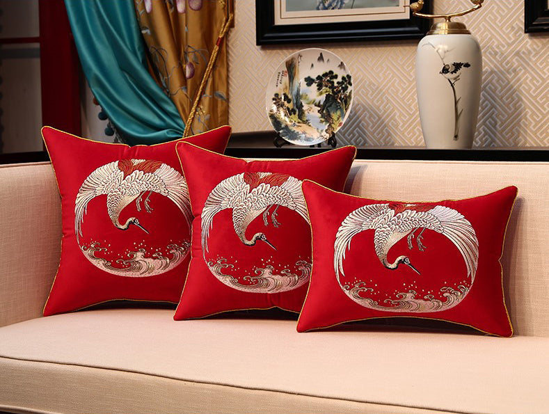 Crane Embroidery Velvet Traditional Chinese Cushion Covers