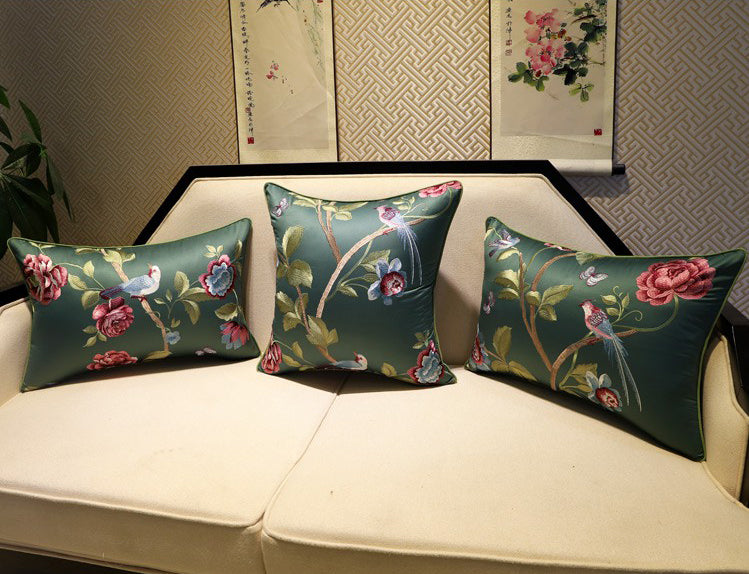 Bird & Floral Embroidery Brocade Traditional Chinese Cushion Cover Pillow Case