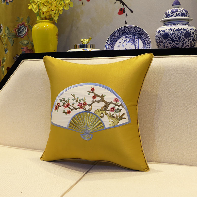 Fan & Plum Blossom Embroidery Brocade Traditional Chinese Cushion Cover