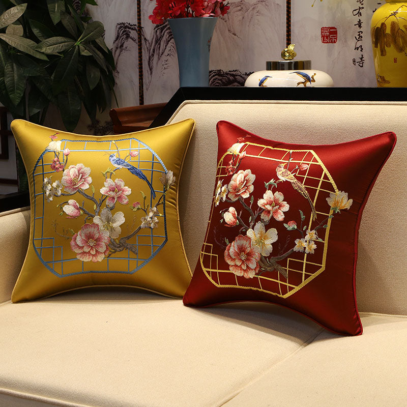 Bird & Plum Blossom Embroidery Brocade Traditional Chinese Cushion Cover