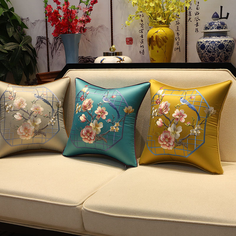 Bird & Plum Blossom Embroidery Brocade Traditional Chinese Cushion Cover