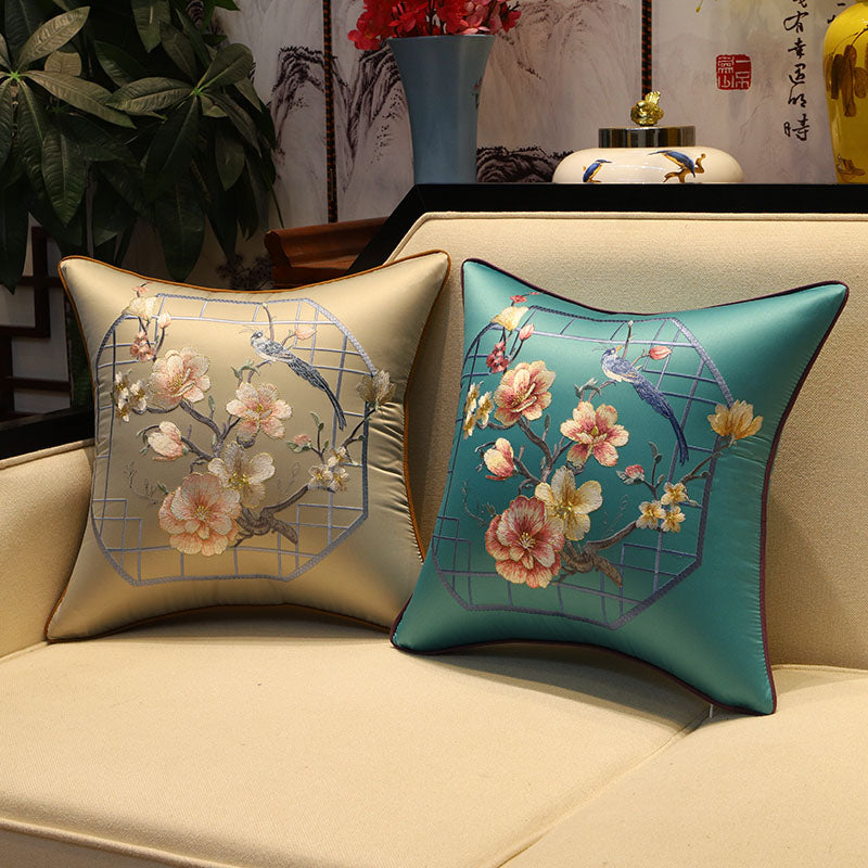 Bird & Plum Blossom Embroidery Brocade Traditional Chinese Cushion Cover