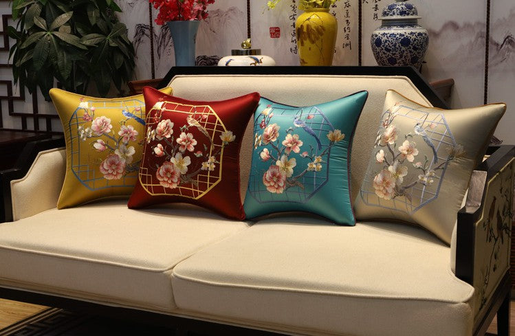 Bird & Plum Blossom Embroidery Brocade Traditional Chinese Cushion Cover