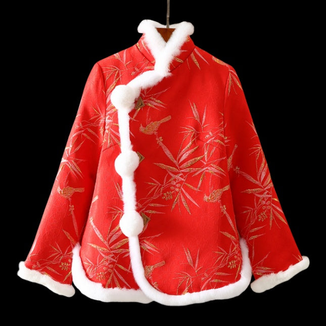 Chinese-Style Rabbit Fur Mandarin Collar Short Quilted Coat