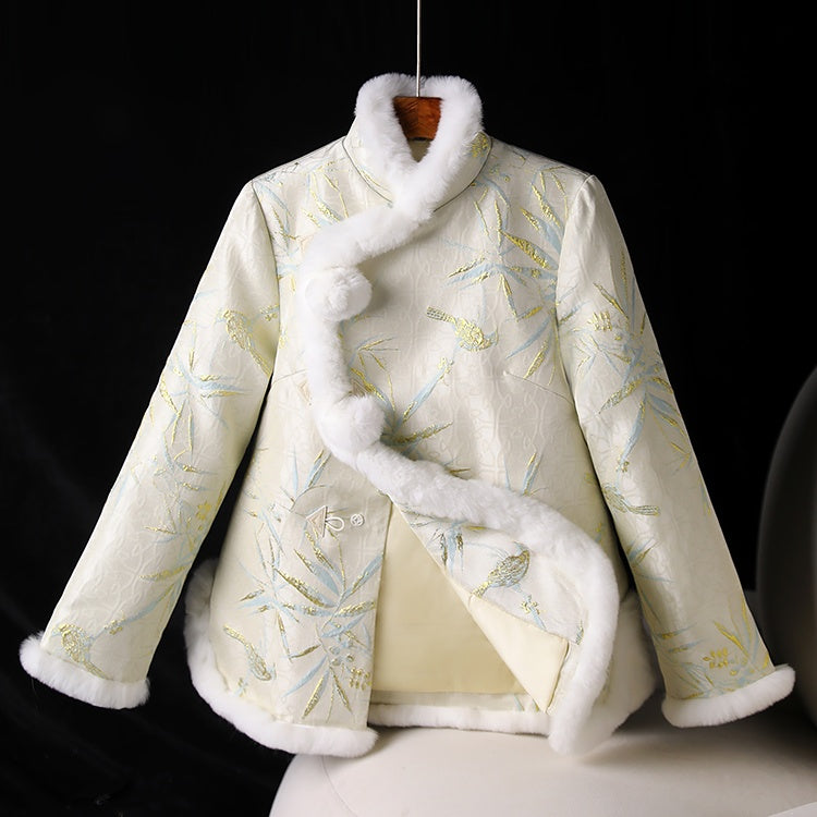 Chinese-Style Rabbit Fur Mandarin Collar Short Quilted Coat