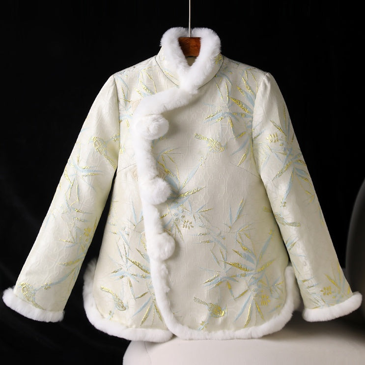 Chinese-Style Rabbit Fur Mandarin Collar Short Quilted Coat