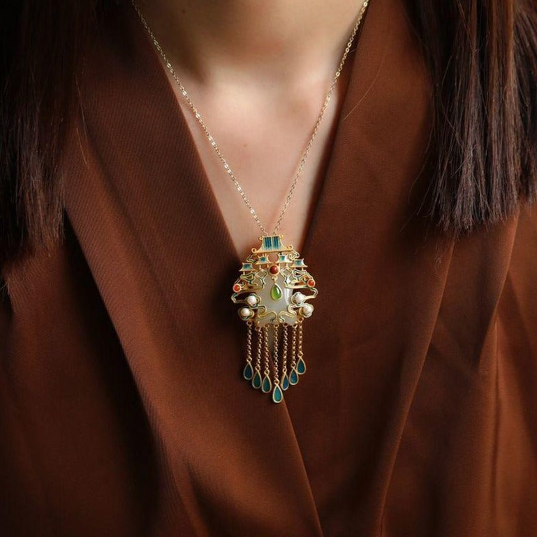 Cloisonne with Tassels Pendant Gilding Necklace