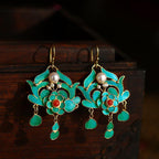 Floral Cloisonne & Pearl Chinese Style Gilding Earrings