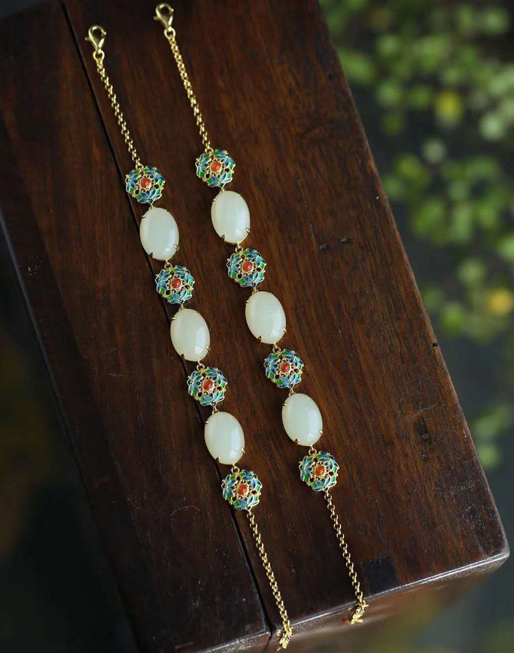 Cloisonne & White Jade Pendant Chinese Style Bracelet