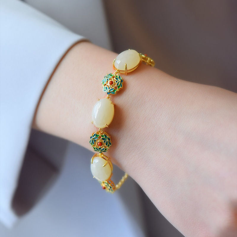Cloisonne & White Jade Pendant Chinese Style Bracelet