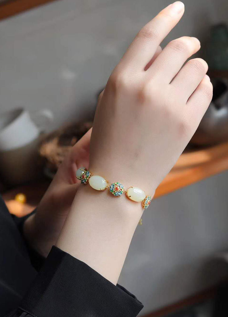 Cloisonne & White Jade Pendant Chinese Style Bracelet