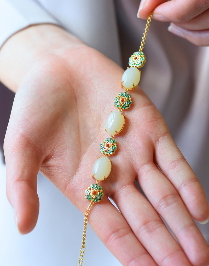 Cloisonne & White Jade Pendant Chinese Style Bracelet