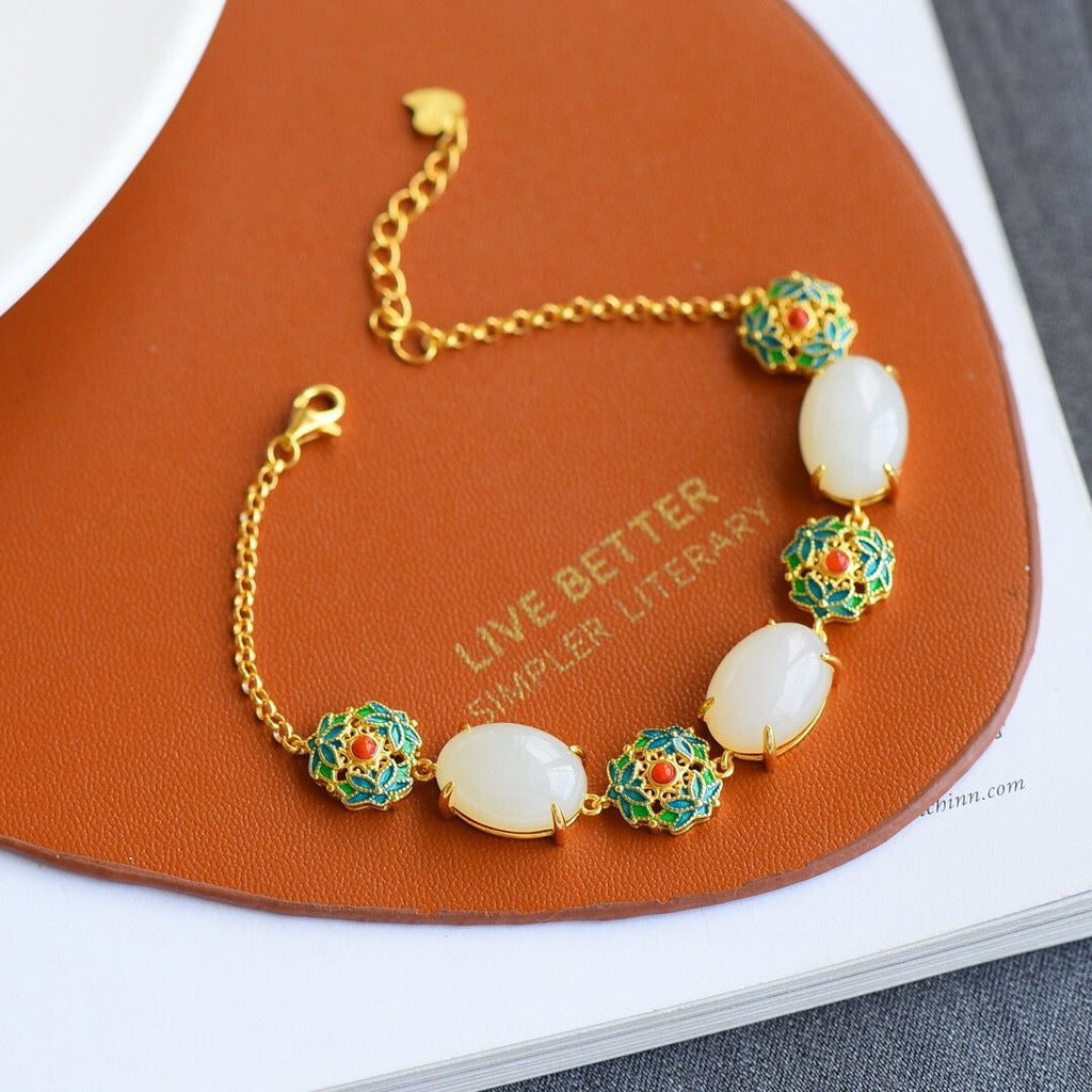 Cloisonne & White Jade Pendant Chinese Style Bracelet