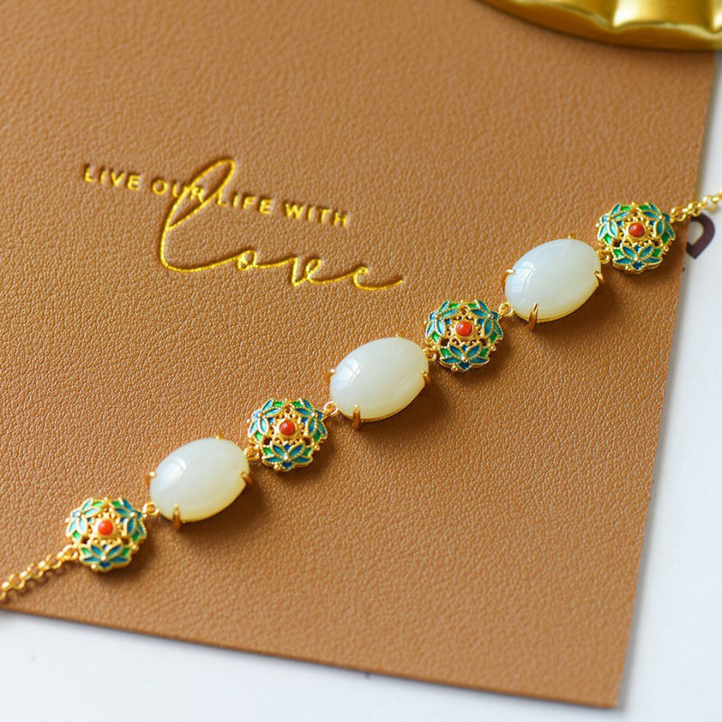 Cloisonne & White Jade Pendant Chinese Style Bracelet