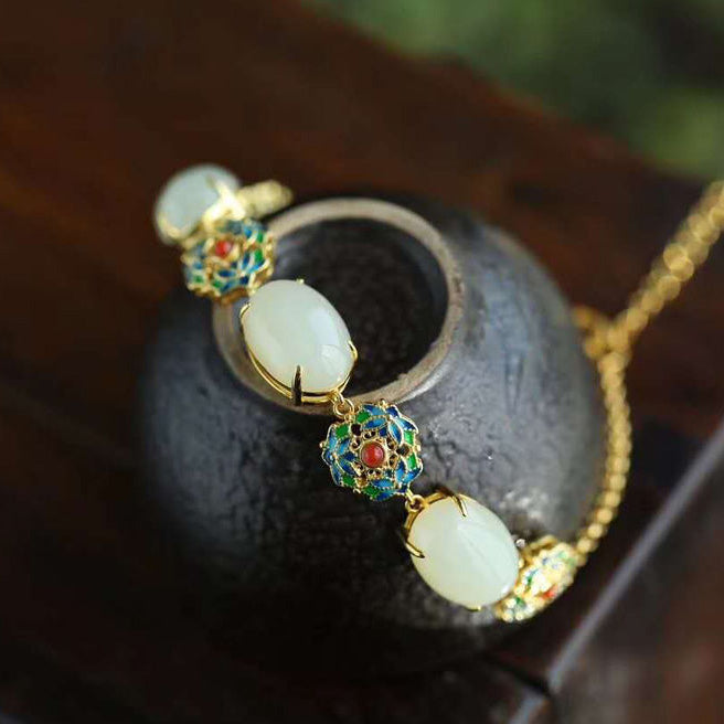 Cloisonne & White Jade Pendant Chinese Style Bracelet