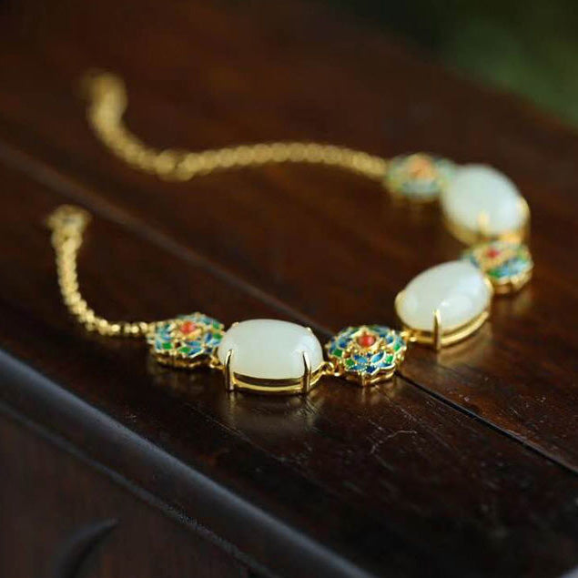 Cloisonne & White Jade Pendant Chinese Style Bracelet