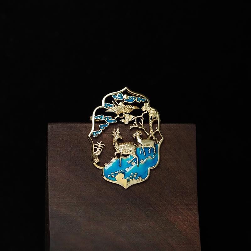 Deers & Crane Carved Retro Cloisonne Gilding Brooch