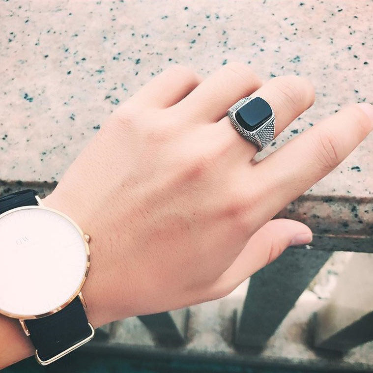 Black Agate Sterling Silver Openings Ring