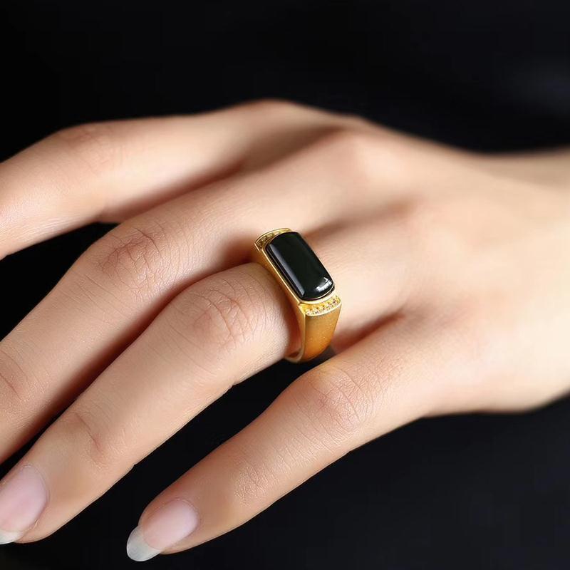 Black Agate Gilding Silver Openings Ring Couples Ring