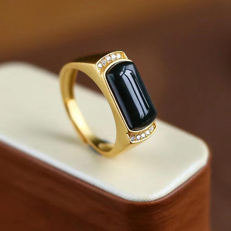 Black Agate Gilding Silver Openings Ring Couples Ring