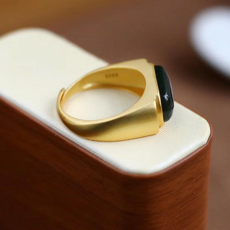 Black Agate Gilding Silver Openings Ring Couples Ring