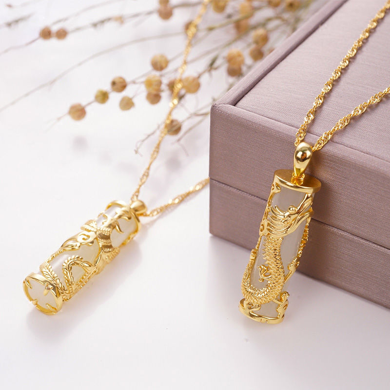 Dragon Carved White Jade Pendant Gilding Silver Necklace