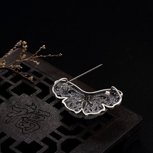 Auspicious Cloud Designed Jade Sterling Silver Brooch