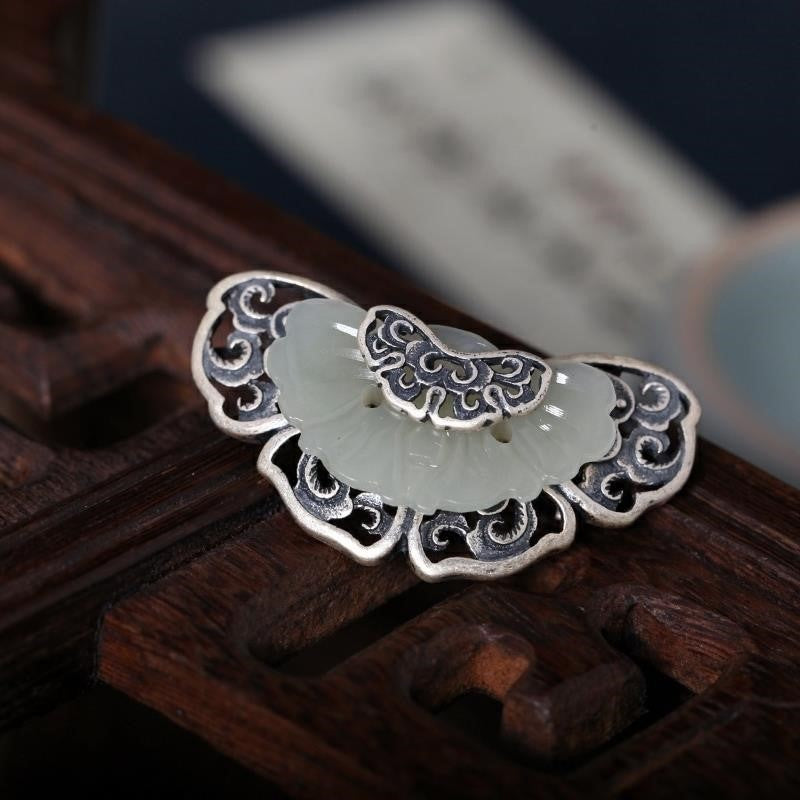 Auspicious Cloud Designed Jade Sterling Silver Brooch