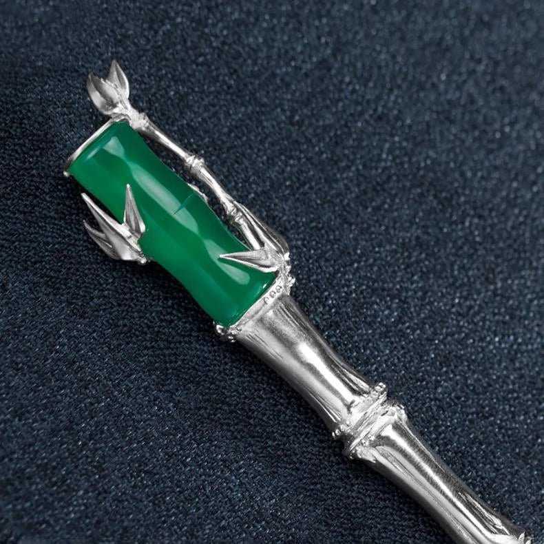 Bamboo Designed Jade & Sterling Silver Retro Chinese Style Hairpin