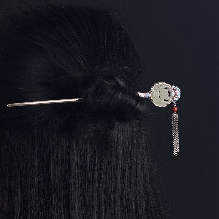 Cloisonne Flower Jade Sterling Silver Retro Chinese Style Hairpin with Tassels