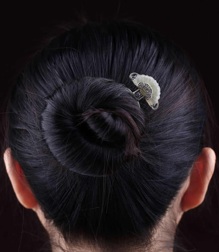 Auspicious Cloud Jade Sterling Silver Retro Chinese Style Hairpin
