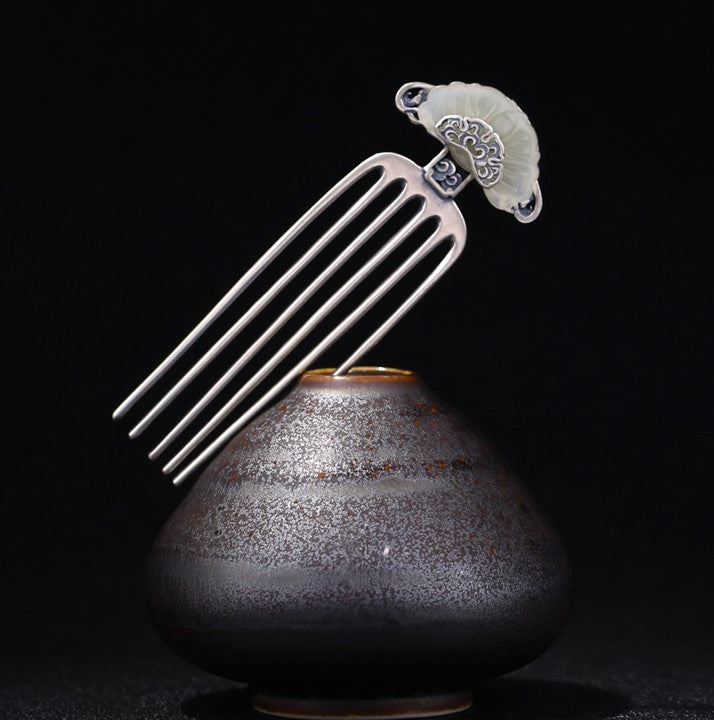 Auspicious Cloud Jade Sterling Silver Retro Chinese Style Hairpin