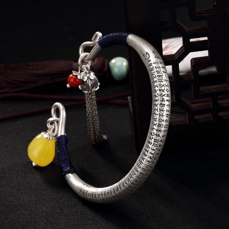 Buddhist Scriptures Pattern Retro Sterling Silver Open Bracelet