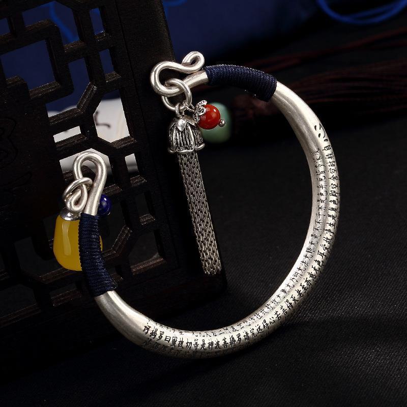 Buddhist Scriptures Pattern Retro Sterling Silver Open Bracelet