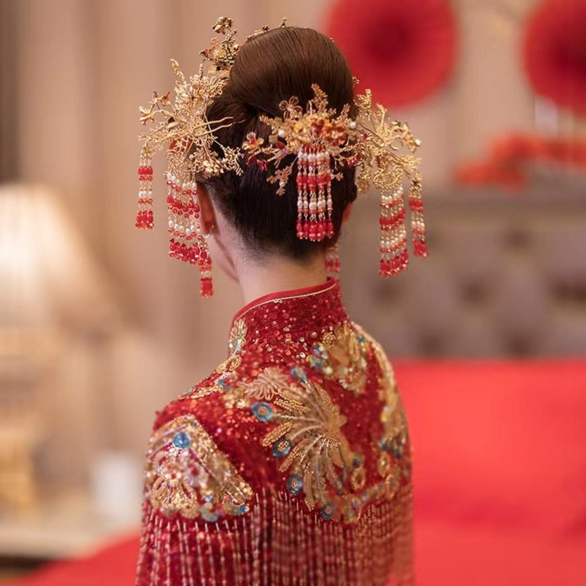 Chinese Bridal Headpiece with Phoenix Crown and Tassels