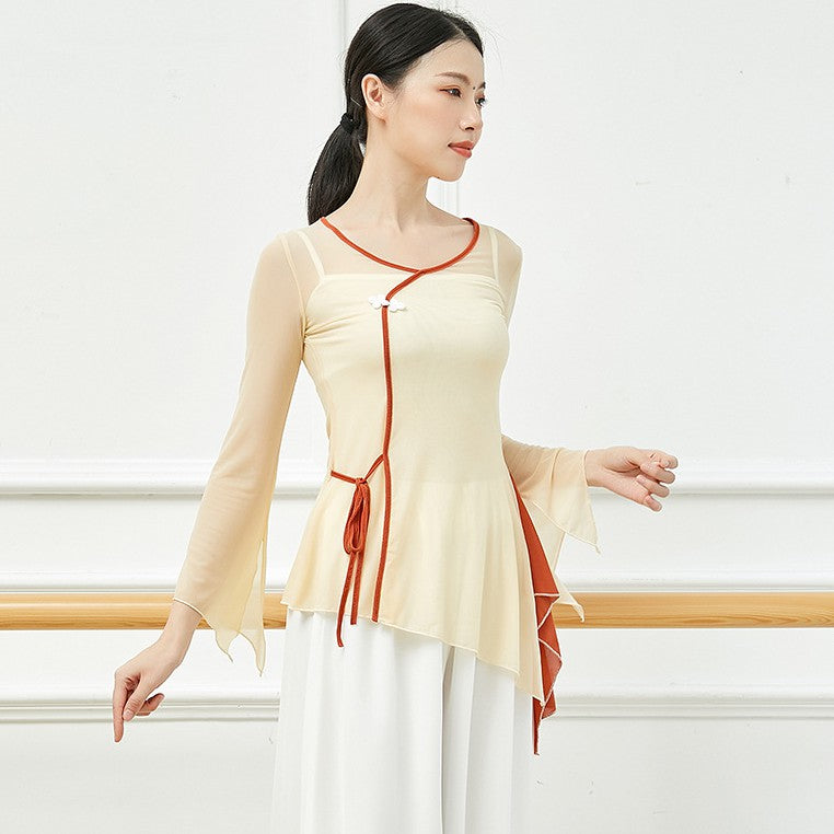 Elegant Chinese Style Classical Dance Costume Yoga Wear with Trumpet Sleeves