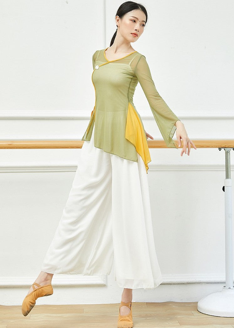 Elegant Chinese Style Classical Dance Costume Yoga Wear with Trumpet Sleeves