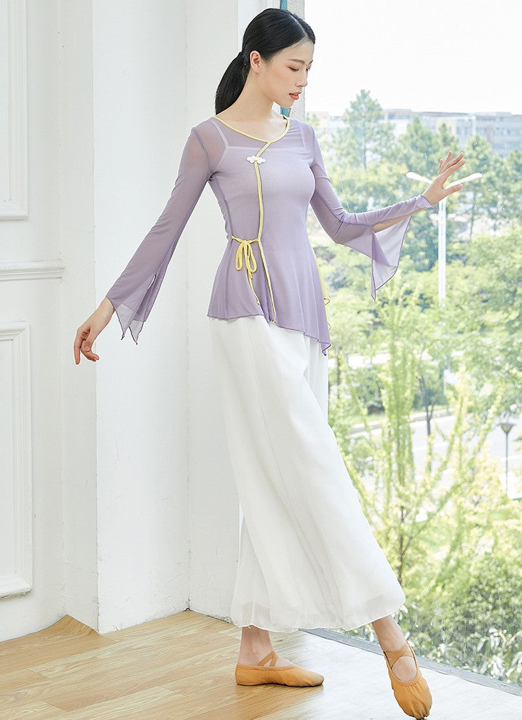 Elegant Chinese Style Classical Dance Costume Yoga Wear with Trumpet Sleeves