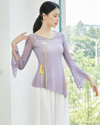 Elegant Chinese Style Classical Dance Costume Yoga Wear with Trumpet Sleeves