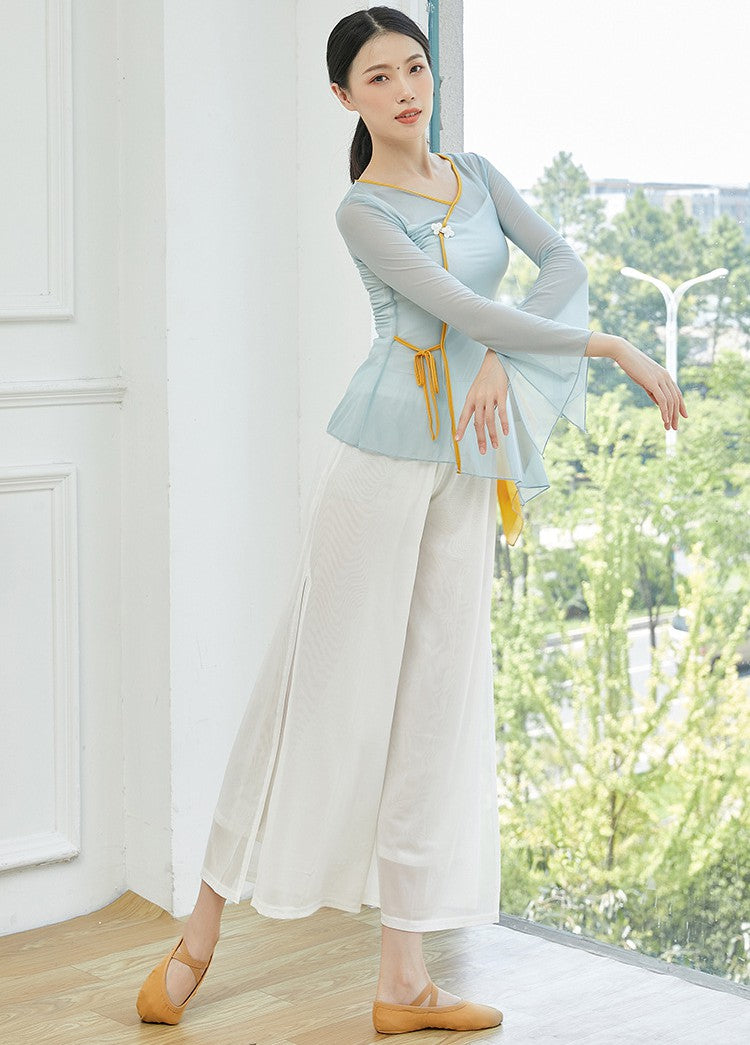 Elegant Chinese Style Classical Dance Costume Yoga Wear with Trumpet Sleeves