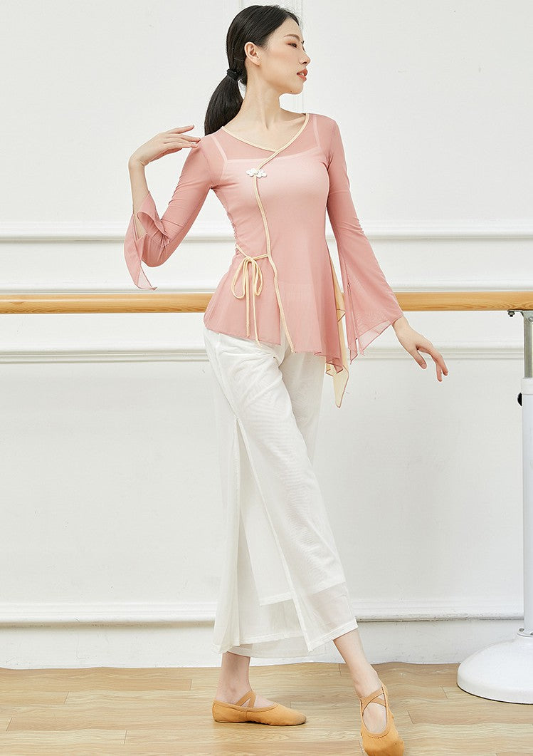 Elegant Chinese Style Classical Dance Costume Yoga Wear with Trumpet Sleeves