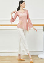 Elegant Chinese Style Classical Dance Costume Yoga Wear with Trumpet Sleeves