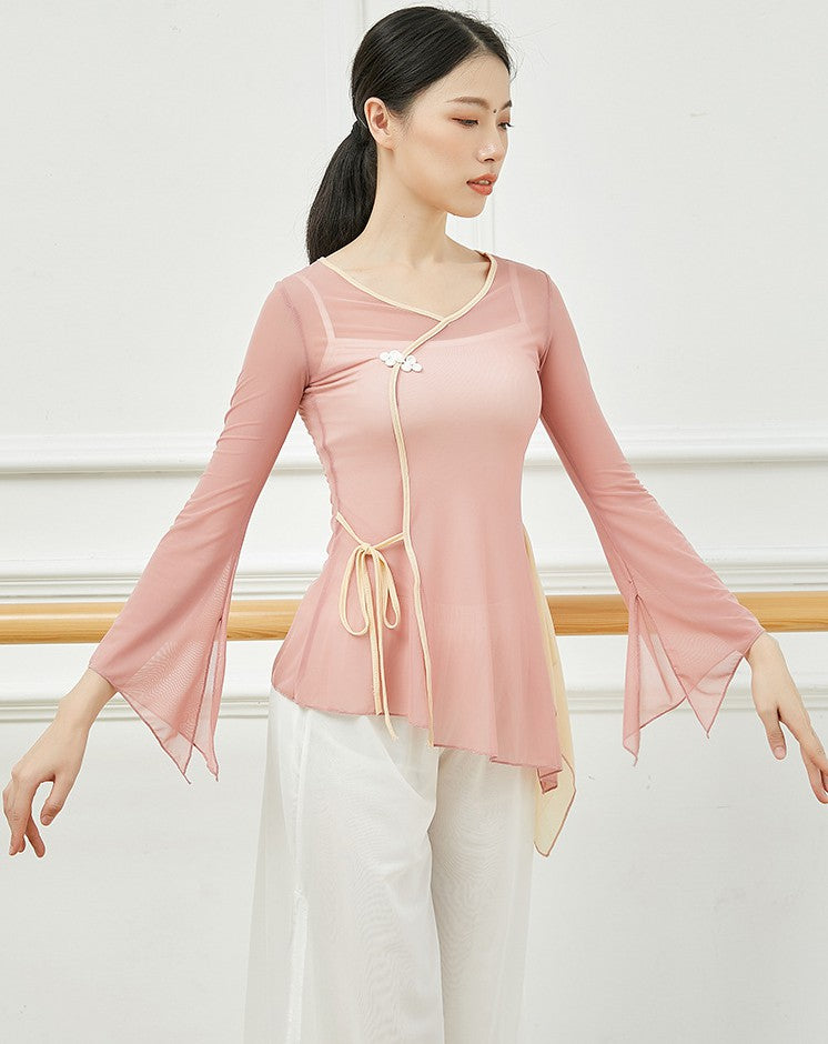 Elegant Chinese Style Classical Dance Costume Yoga Wear with Trumpet Sleeves