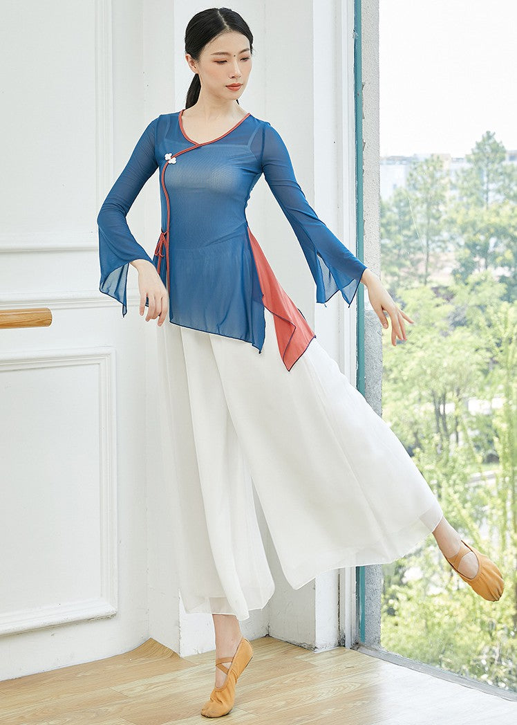 Elegant Chinese Style Classical Dance Costume Yoga Wear with Trumpet Sleeves
