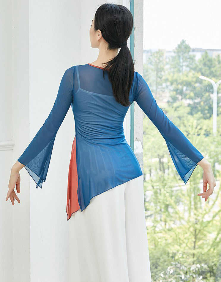 Elegant Chinese Style Classical Dance Costume Yoga Wear with Trumpet Sleeves