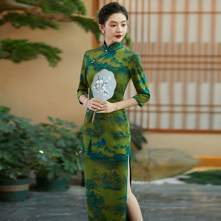 3/4 Sleeve Landscape Pattern Full Length Cheongsam Chinese Dress